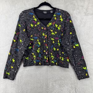 Christina Rotelli Top Women M Black Embroidered Button Front V-Neck Art to Wear